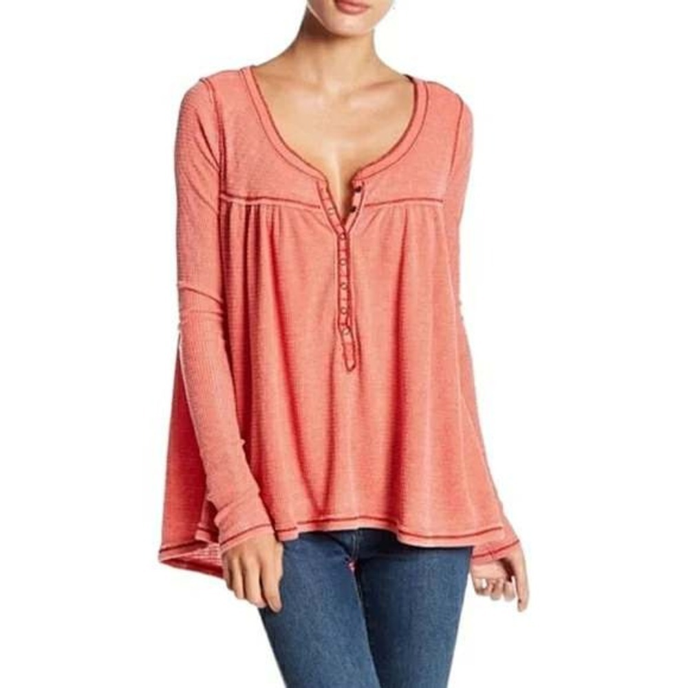 Free People We The Free Kai Burnout Henley Top Coral Pink XS Y2k